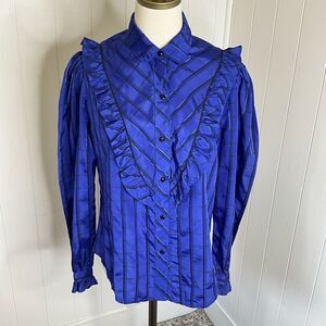 Vintage Circle T Marilyn Williams Womens Medium Button Front Ruffle Shirt Blue